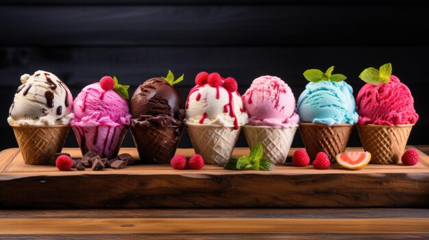 Conjunto de diferentes helados en un cono de waffle sobre un fondo de madera