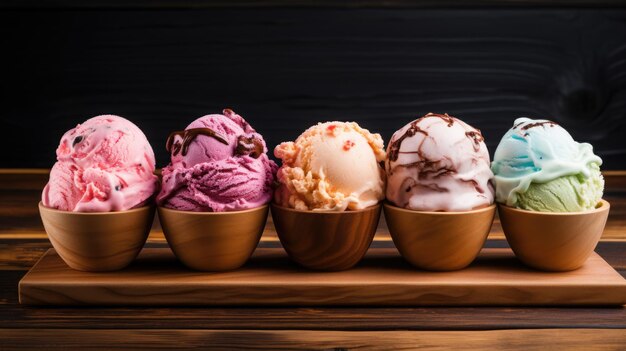 Conjunto de diferentes helados en un cono de waffle sobre un fondo de madera