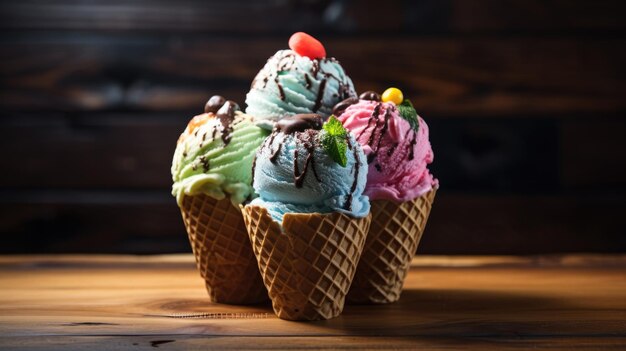 Conjunto de diferentes helados en un cono de waffle sobre un fondo de madera