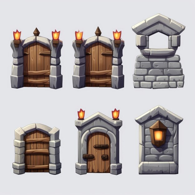 Un conjunto de diferentes imágenes de un castillo con una puerta y una puerta.