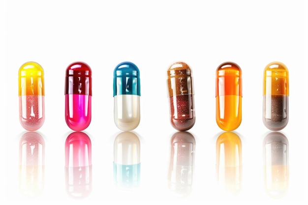 Conjunto de diferentes pastillas en fila aisladas en blanco