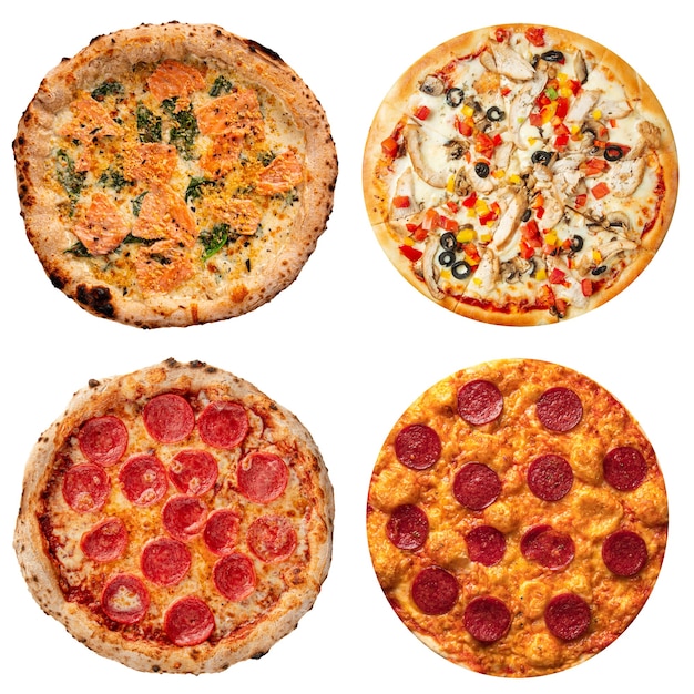 Conjunto de diferentes pizzas calientes con deliciosos aderezos.