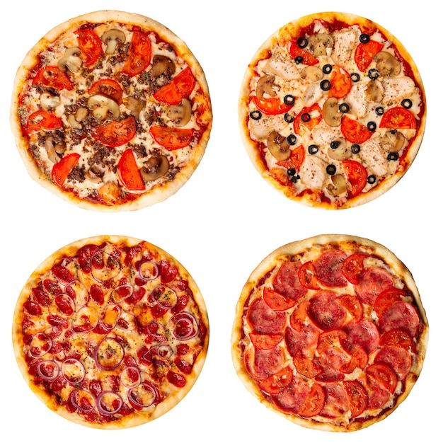 Conjunto de diferentes pizzas collage aislado en blanco