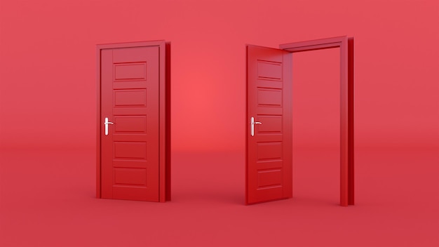 Foto conjunto de diferentes puertas rojas aisladas en fondo coloreado renderizado en 3d