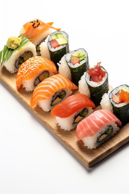 Conjunto de diferentes rollos de sushi en fondo blanco