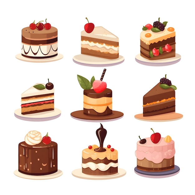 Conjunto de diferentes tipos de pasteles Ilustración vectorial al estilo de dibujos animados