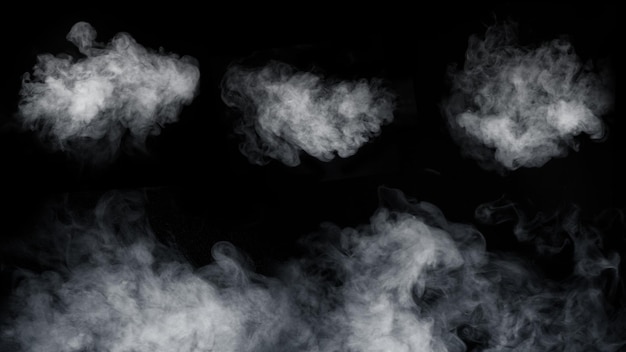 Un conjunto de diferentes tipos de vapor de humo retorcido aislado en un fondo negro para superponerse en tus fotos