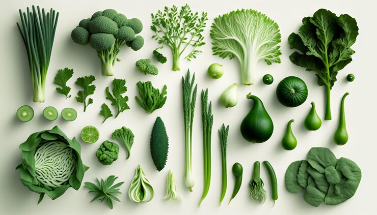 Conjunto de diferentes vegetales verdes sobre fondo blanco Comida saludable plana laico Ai generativo