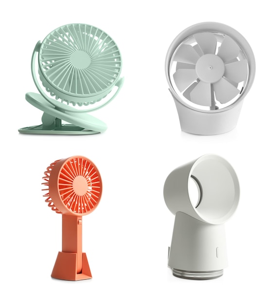 Conjunto de diferentes ventiladores sobre fondo blanco.