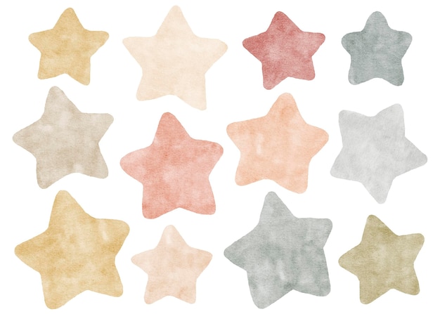 Conjunto digital colorido con formas de estrellas planas en acuarela de textura suave Ideal para fondos clipart o decoración