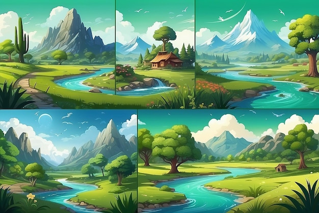 conjunto digital vívido de algunos paisajes verdes agradables aumentados con signos temáticos estilo infantil