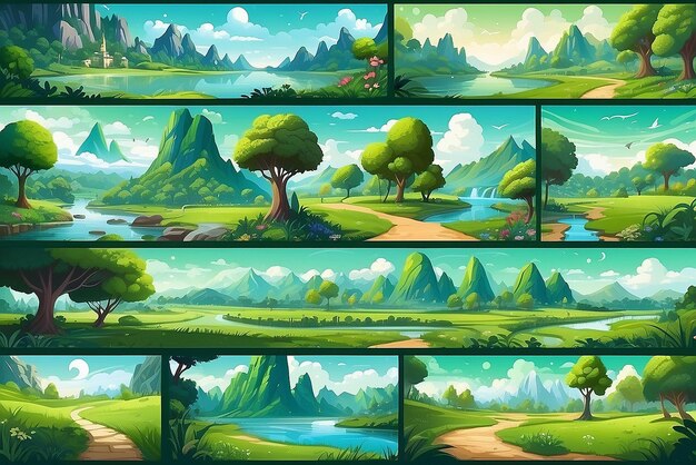 Foto conjunto digital vívido de algunos paisajes verdes agradables aumentados con signos temáticos estilo infantil