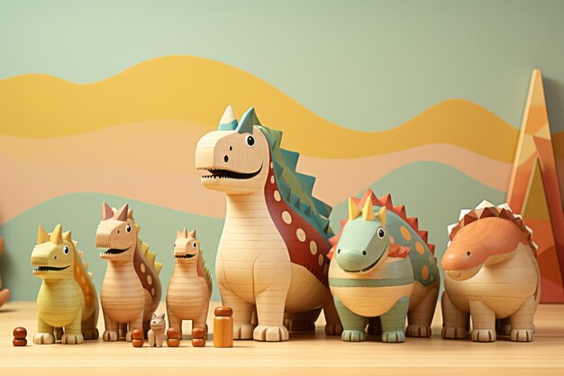 Foto conjunto de dinosaurios de juguete de madera que da vida a las aventuras prehistóricas en una forma minimalista ia generativa