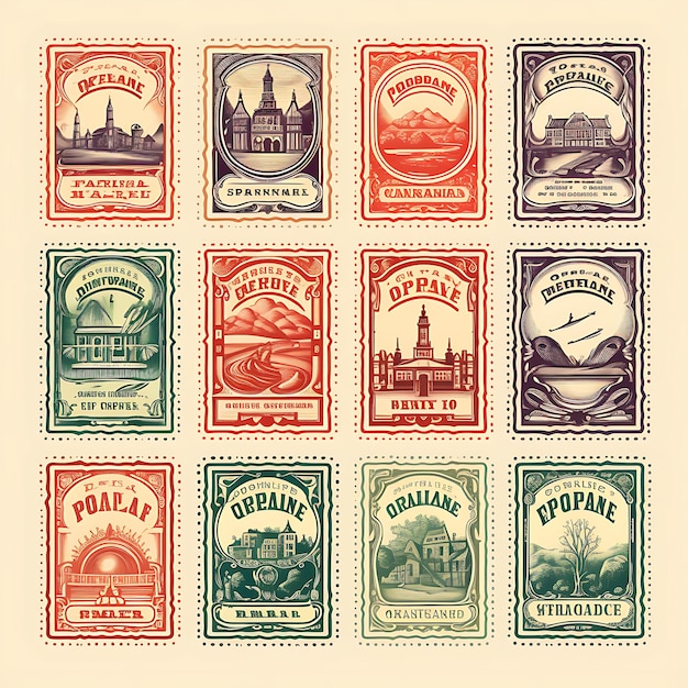 Un Conjunto De Diseño 2D De Sello Postal Con Marco De Estilo Vintage, Vector, Embalaje De Etiqueta De Color Plano Creativo