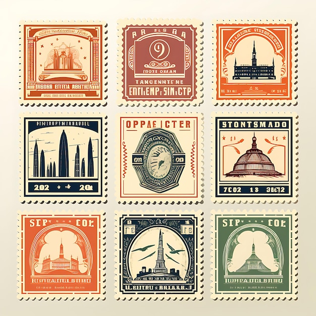 Un Conjunto De Diseño 2D De Sello Postal Con Marco De Estilo Vintage, Vector, Embalaje De Etiqueta De Color Plano Creativo