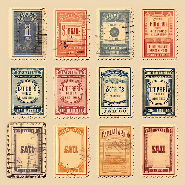 Un Conjunto De Diseño 2D De Sello Postal Con Marco De Estilo Vintage, Vector, Embalaje De Etiqueta De Color Plano Creativo