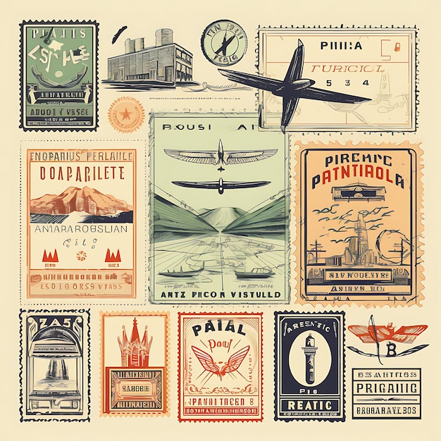 Un Conjunto De Diseño 2D De Sello Postal Con Marco De Estilo Vintage, Vector, Embalaje De Etiqueta De Color Plano Creativo