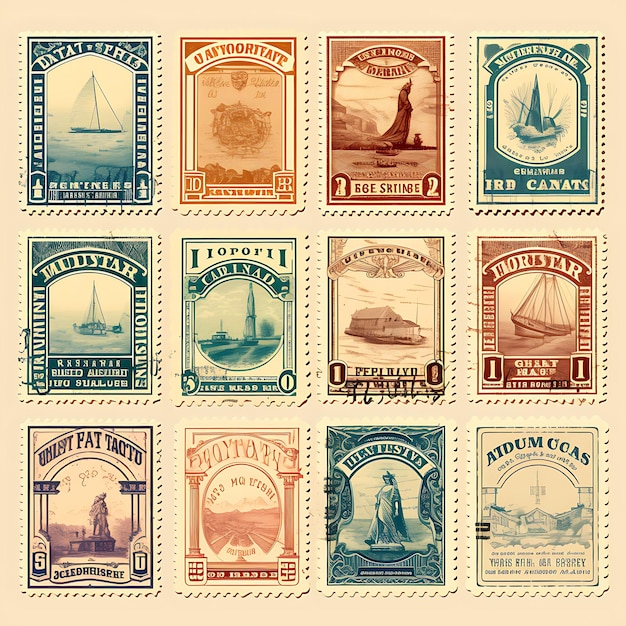 Un Conjunto De Diseño 2D De Sello Postal Con Marco De Estilo Vintage, Vector, Embalaje De Etiqueta De Color Plano Creativo