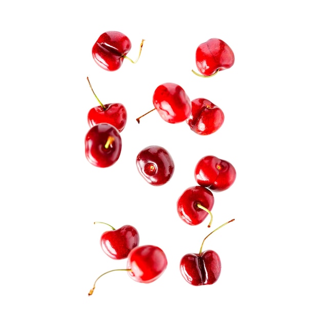 Conjunto de diseño de banner de cerezas maduras que caen fruta voladora como elemento de diseño de paquete