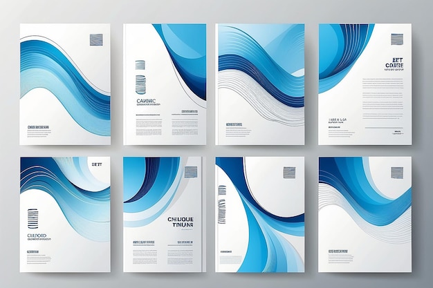 Conjunto de diseño de portada moderno patrón de línea abstracta azul blanca vector de rayas onduladas creativas