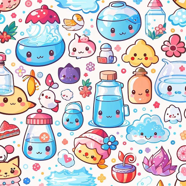 Foto un conjunto de diseños de agua kawaii ia generativa