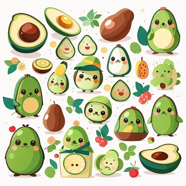 un conjunto de diseños de aguacate kawaii generados por la IA