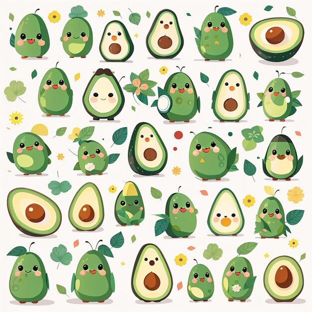 Foto un conjunto de diseños de aguacate kawaii generados por la ia