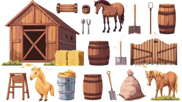 Foto conjunto de diseños de animales de granja pilas de heno barriles de madera horcas y palas cubos sacos de tela y elementos interiores de granero aislados sobre un fondo blanco