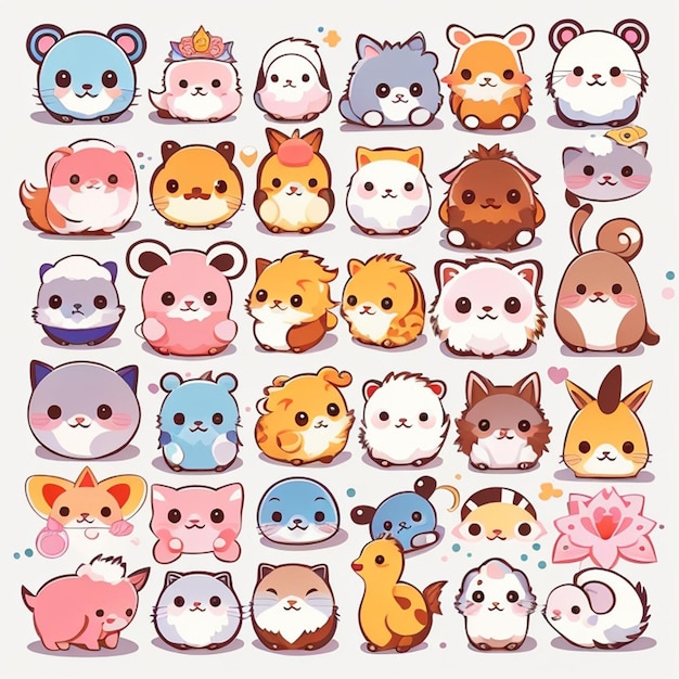 Foto un conjunto de diseños de animales kawaii generados por la ia