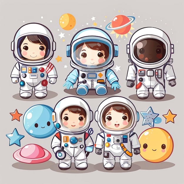 Foto un conjunto de diseños de astronautas kawaii ia generativa