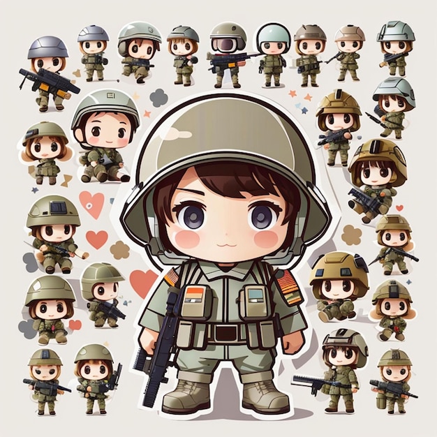 un conjunto de diseños del ejército kawaii IA generativa