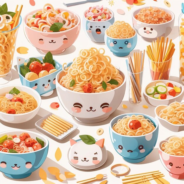 un conjunto de diseños de fideos kawaii generados por AI