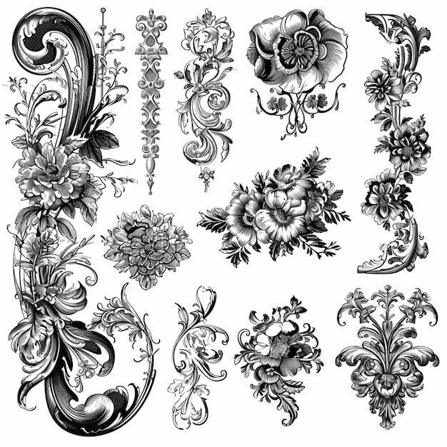 Foto un conjunto de diseños florales en blanco y negro generativo ai