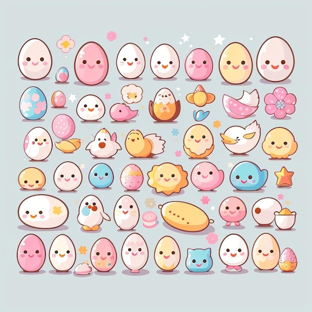 Foto un conjunto de diseños de huevos kawaii ia generativa