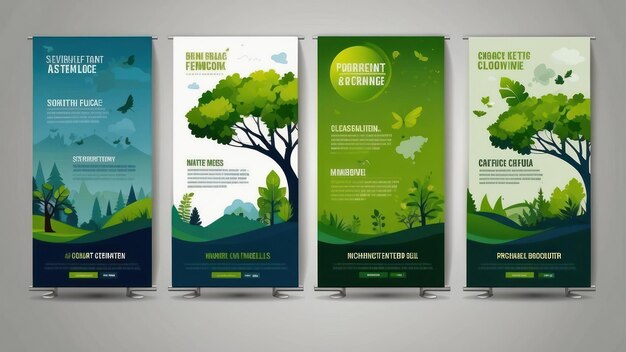 Conjunto de diseños de pancartas de temática ecológica con elementos de naturaleza verde