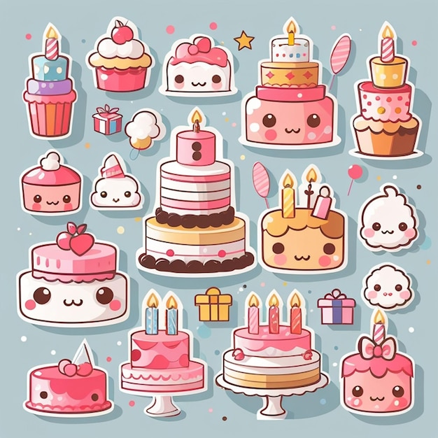 Foto un conjunto de diseños de pasteles de cumpleaños kawaii generados por ia