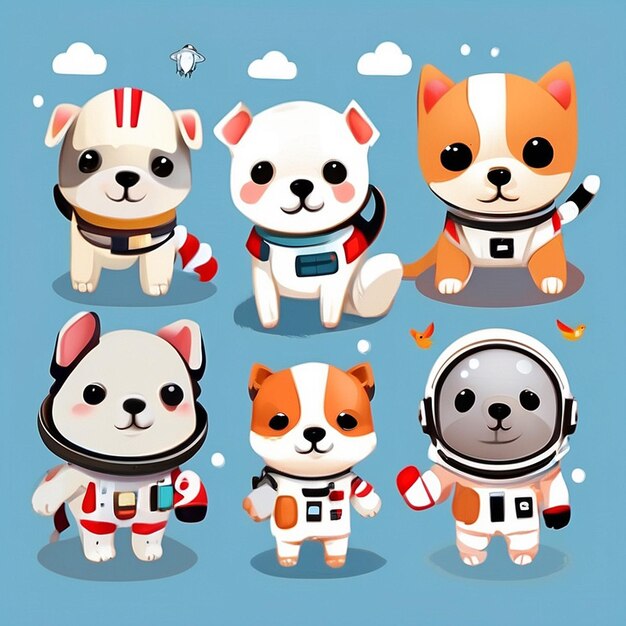 un conjunto de diseños de perros astronautas kawaii generados por la IA