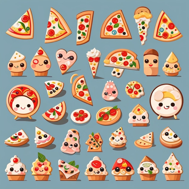 Foto un conjunto de diseños de pizza kawaii ia generativa