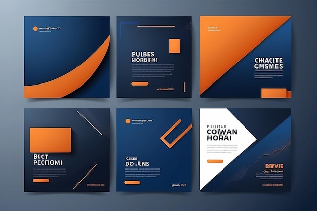 Conjunto de diseños de plantillas de pancartas cuadradas de color naranja y azul oscuro con lugar para la foto