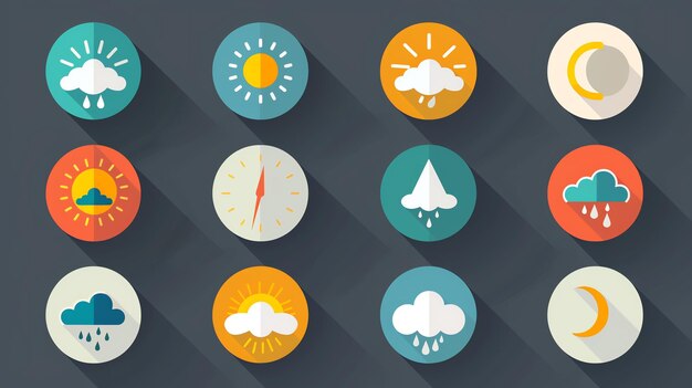 Un conjunto de doce iconos meteorológicos con sombras largas Iconos incluyen sol luna nubes de lluvia y una brújula