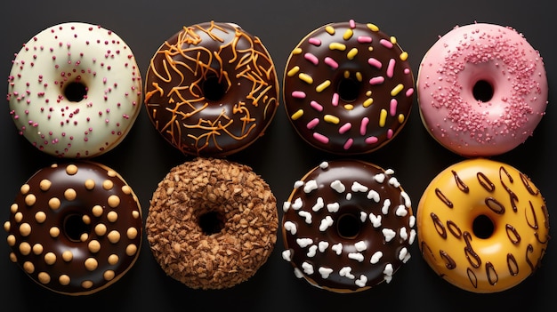 Conjunto de donas sobre fondo negro Vista superior Ilustración vectorial IA generativa