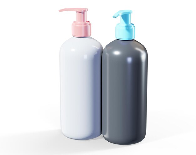 Conjunto de dos botellas de productos de cuidado 3D de renderización de maqueta de dispensador de loción de plástico beige y botella de champú aislado sobre fondo blanco diseño de embalaje cosmético plantilla lista