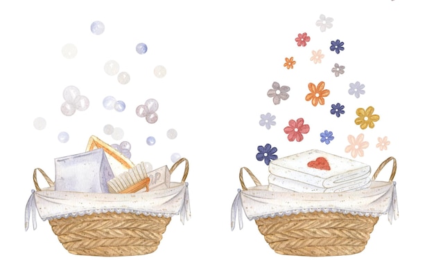 Un conjunto de dos cestas con productos de limpieza jabón en polvo pompas de jabón y ropa limpia una pila de