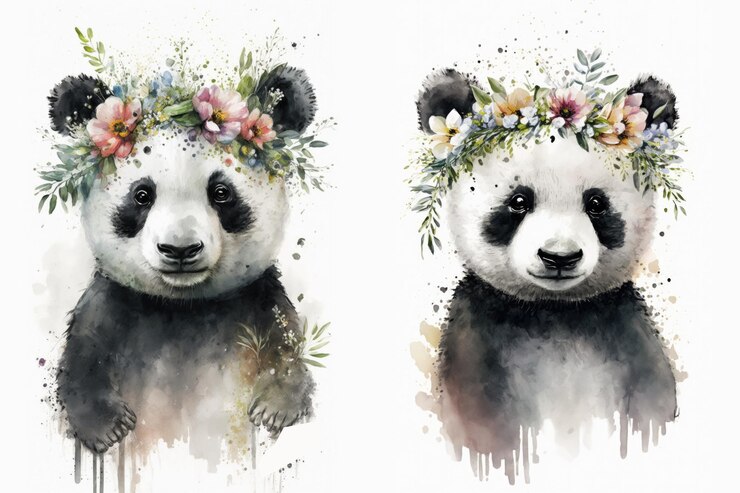 Conjunto de dos ilustraciones de acuarela de panda bebé coronadas con flores y aisladas en un fondo blanco