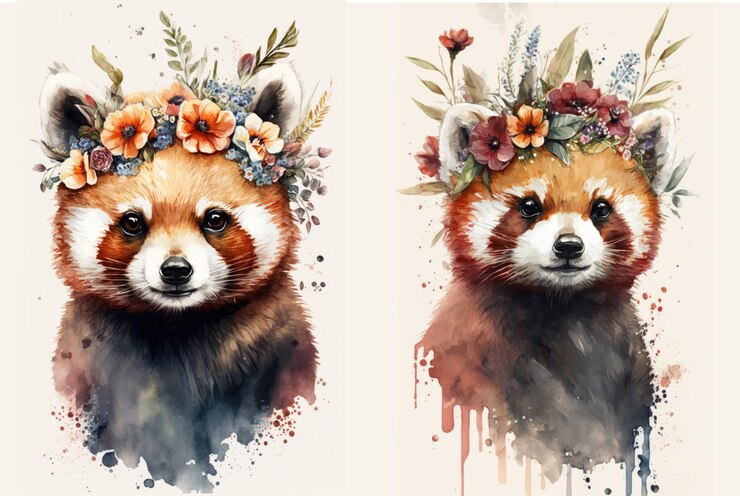 Conjunto de dos ilustraciones de acuarela de panda rojo coronadas con flores y aisladas en un fondo blanco