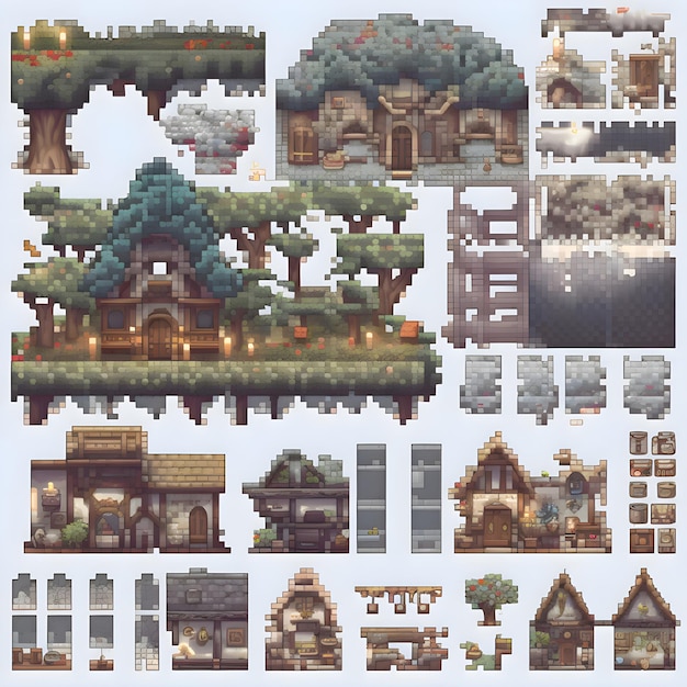 Conjunto de edificios y árboles pixelados al estilo del juego.