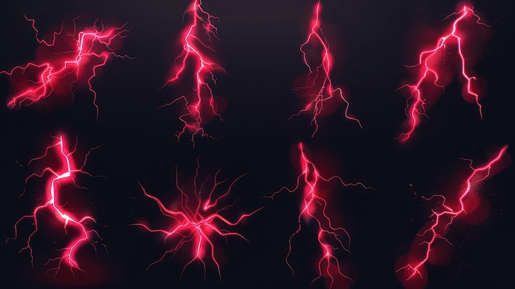 Foto conjunto de efectos de relámpago dinámicos para juegos modernos de trueno animaciones de neón rojo mágico elementos png para disparos de hechizos acción de ataque brillante o diseño de explosión