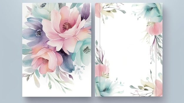 Conjunto elegante de modelo de cartão de convite de casamento com decoração floral e folhas Fundo aquarela em branco AI generativo
