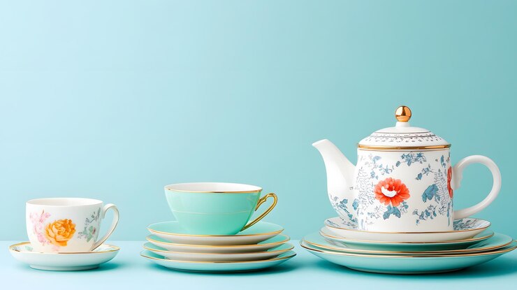 conjunto de elegantes platos de té y postres con diseños florales que muestran el estilo vintage