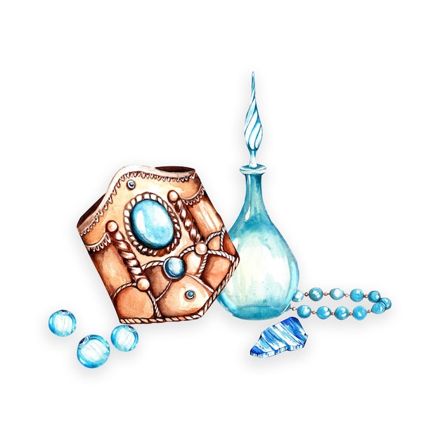 Un conjunto de elementos de acuarela, joyas de decoración oriental, pulseras de lámparas, especias, bazar oriental para el diseño.
